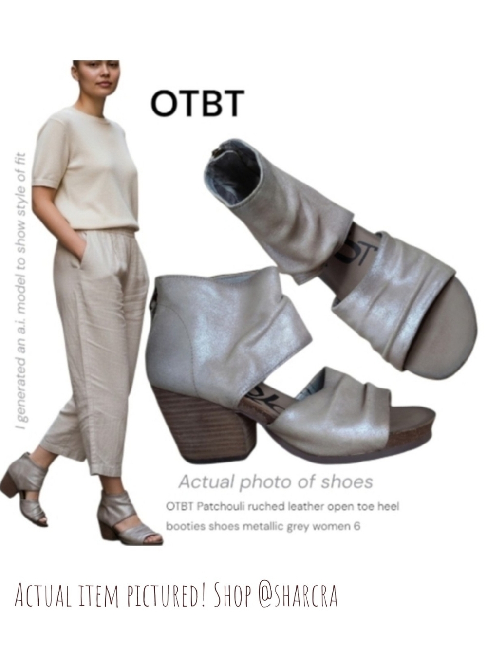 OTBT Women Patchouli ruched leather open toe heel booties 18F766 metallic grey 6